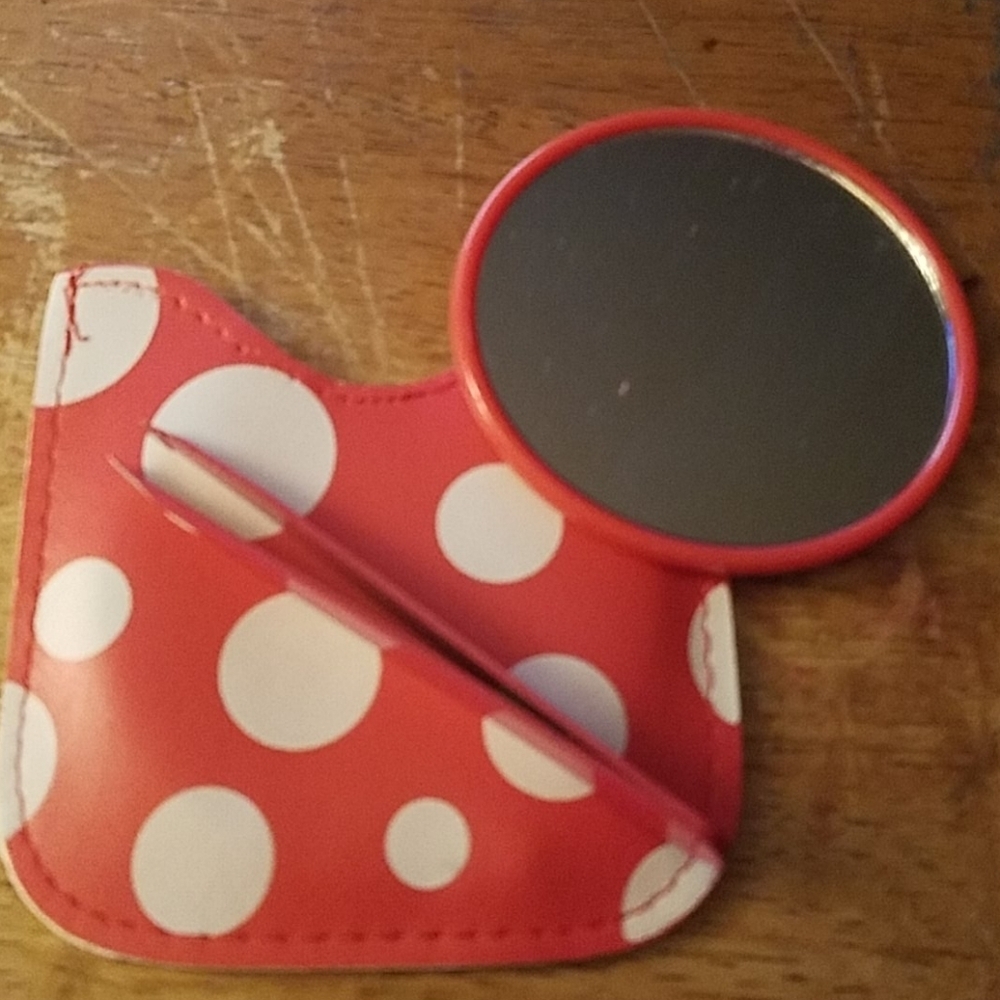 Red Polka Mirror, Tweezers in Case 3"